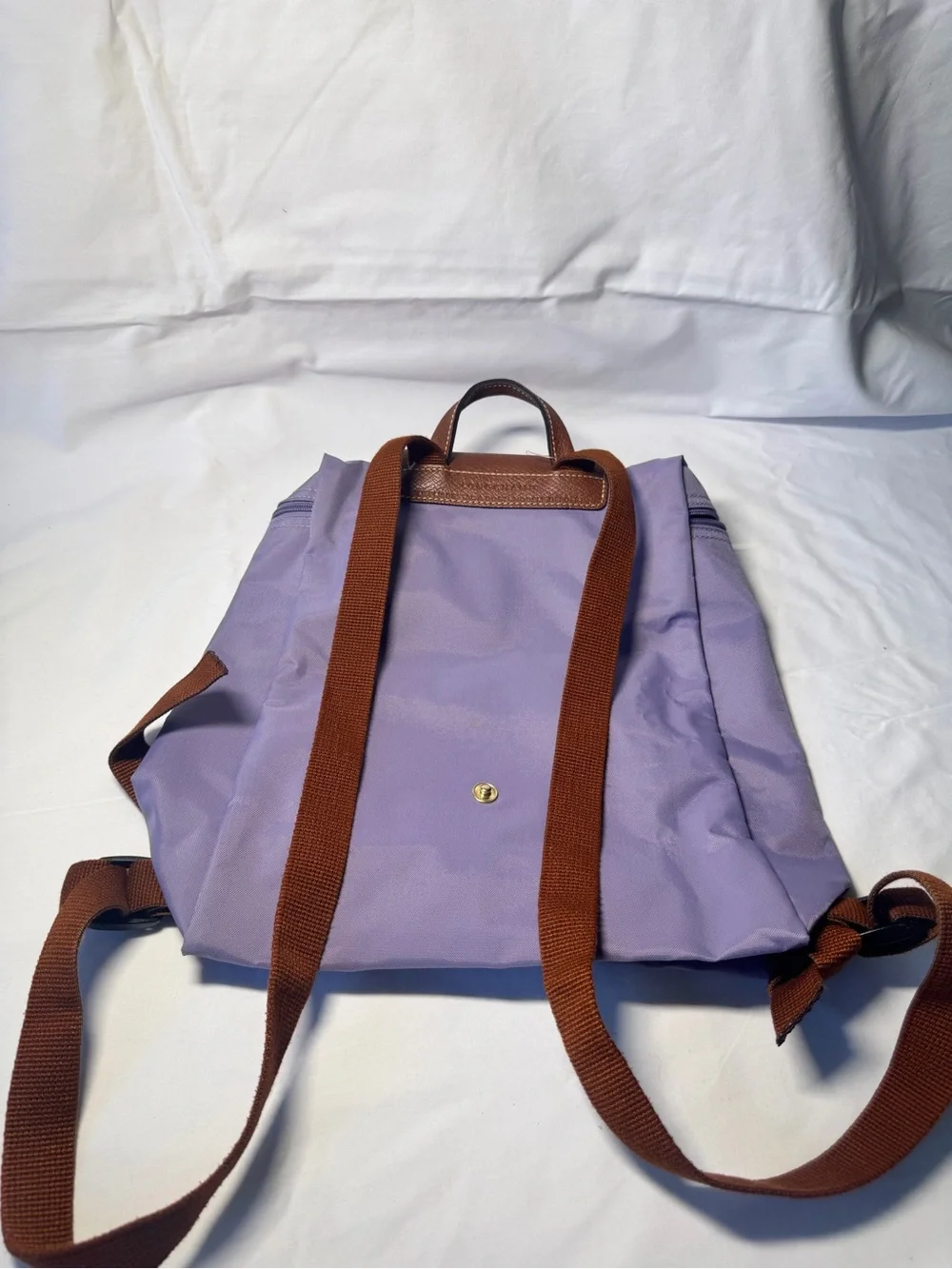 Longchamp Lavender Nylon Backpack with Brown Trim